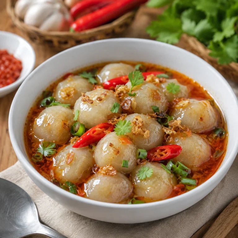 Semangkuk cilok kuah pedas gurih dengan kuah merah berbumbu, cocok untuk ide resep cilok rumahan khas Indonesia.